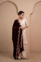 WINE GOLD EMBROIDERED VELVET DUPATTA