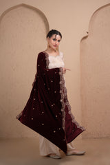 WINE GOLD EMBROIDERED VELVET DUPATTA