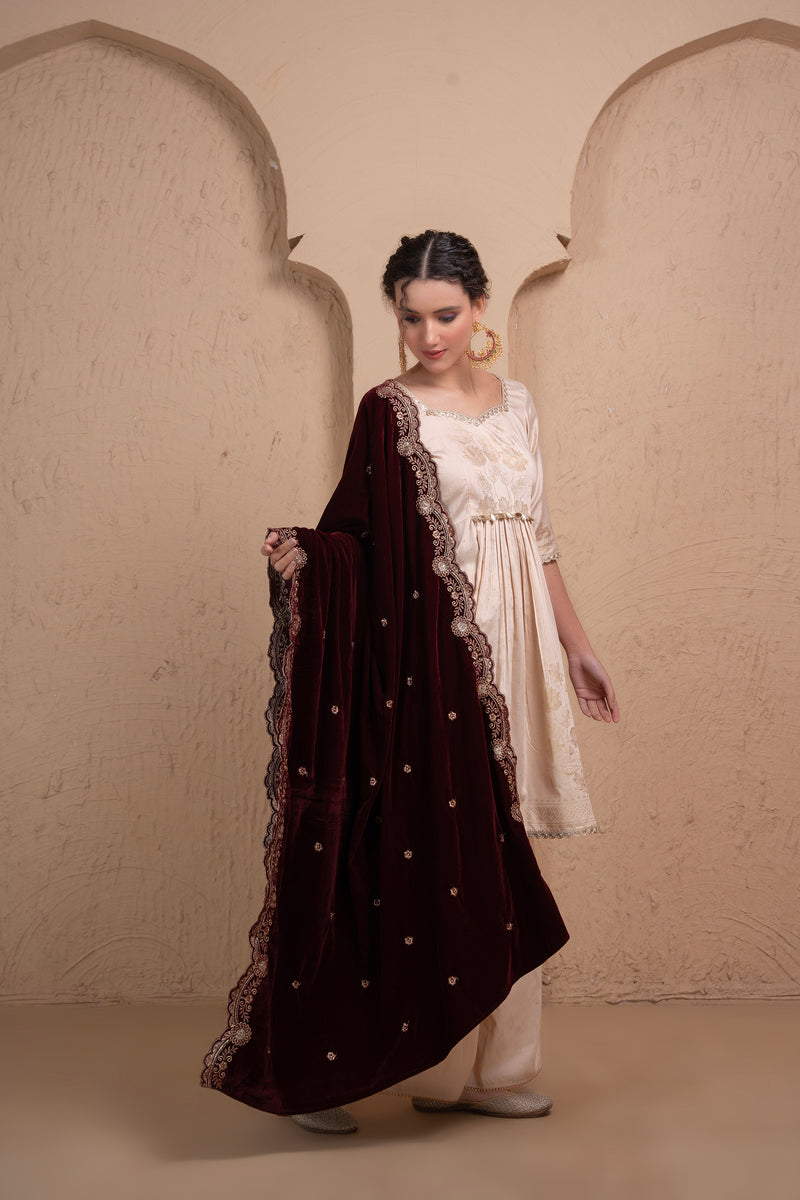 WINE GOLD EMBROIDERED VELVET DUPATTA