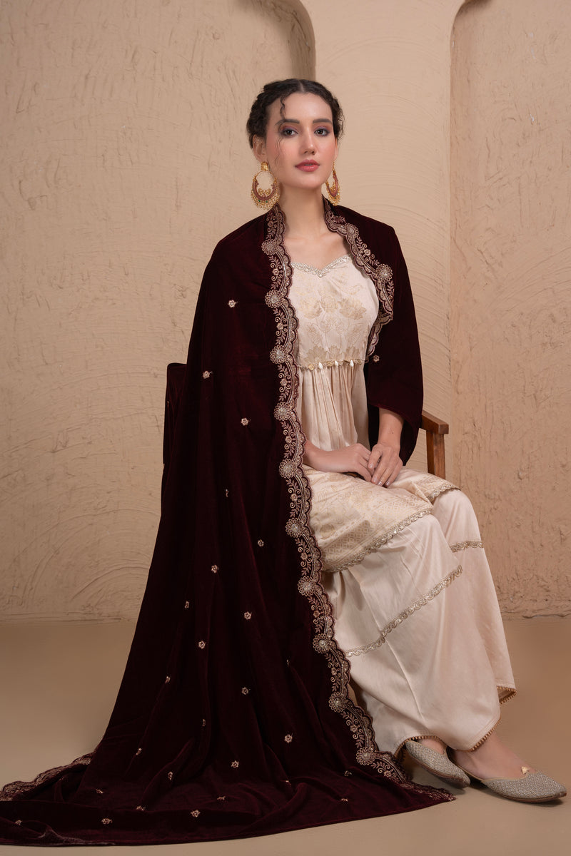 WINE GOLD EMBROIDERED VELVET DUPATTA