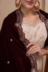 WINE GOLD EMBROIDERED VELVET DUPATTA