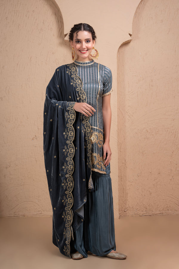 GREY EMBROIDERED VELVET DUPATTA