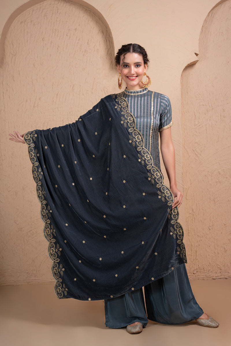 GREY EMBROIDERED VELVET DUPATTA