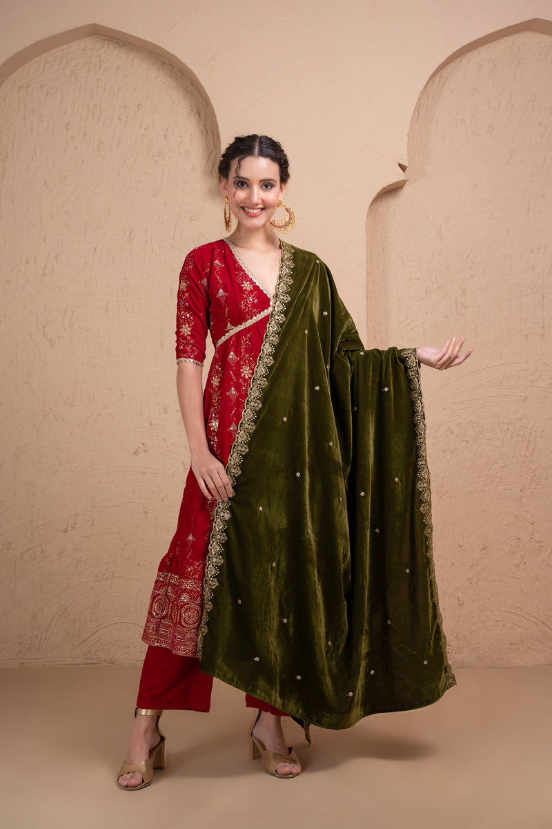 DARK GREEN EMBROIDERED VELVET DUPATTA