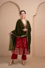 DARK GREEN EMBROIDERED VELVET DUPATTA