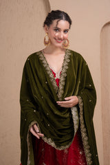 DARK GREEN EMBROIDERED VELVET DUPATTA