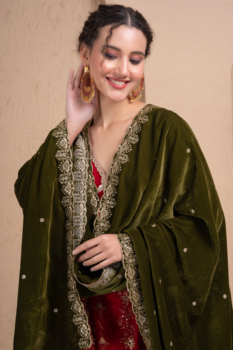 DARK GREEN EMBROIDERED VELVET DUPATTA