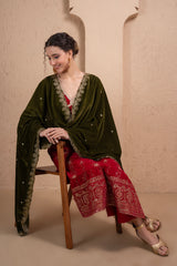 DARK GREEN EMBROIDERED VELVET DUPATTA