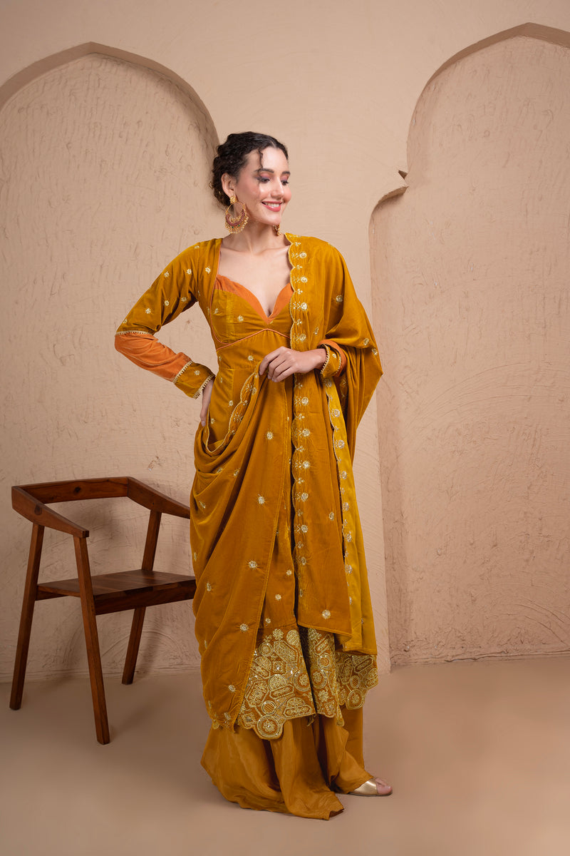 MUSTARD GOLD EMBROIDERED VELVET DUPATTA