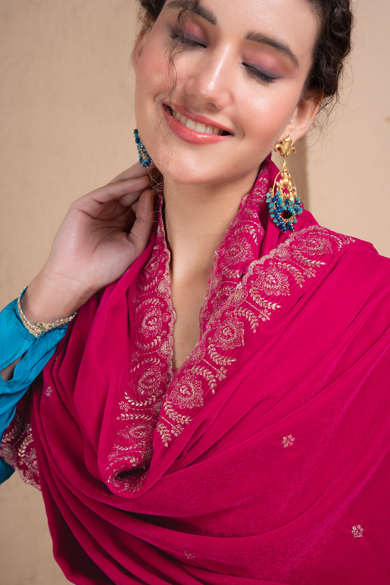 MAGENTA GOLD EMBROIDERED VELVET DUPATTA