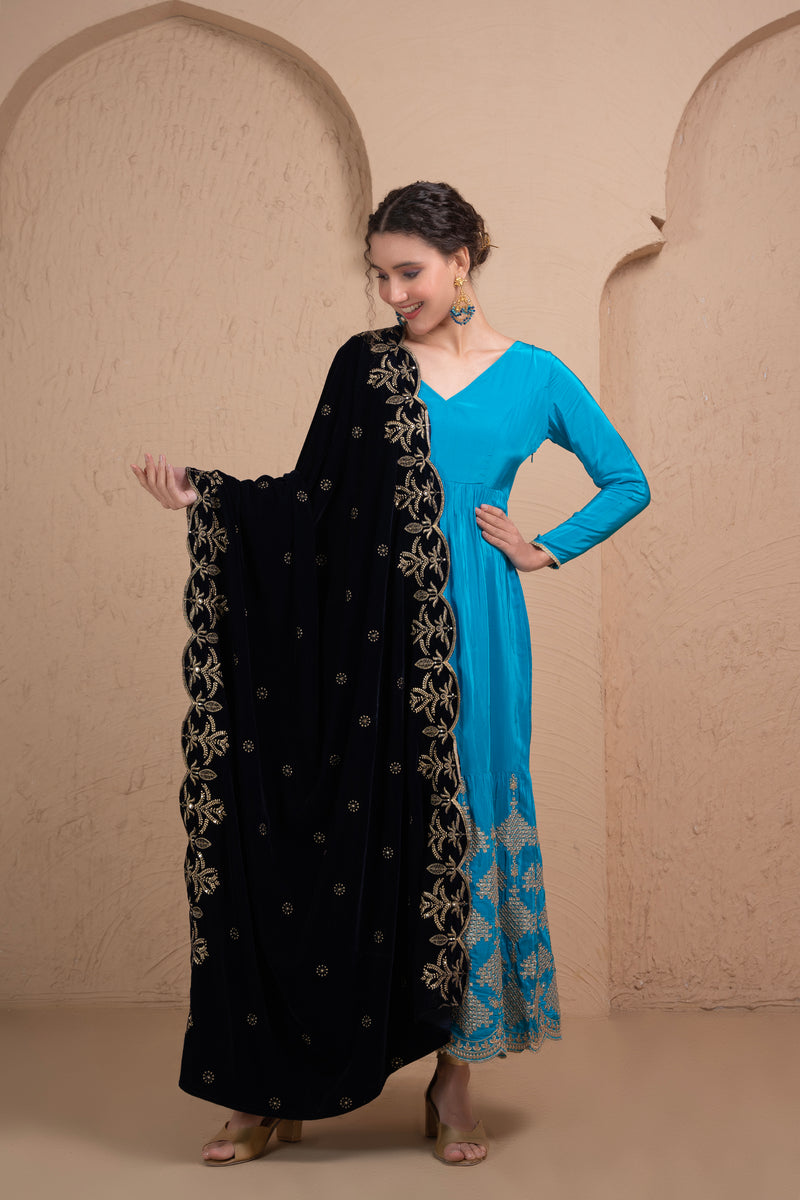 NAVY BLUE GOLD EMBROIDERED VELVET DUPATTA