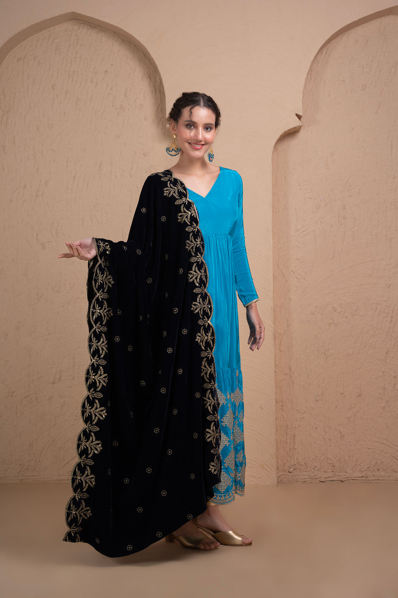 NAVY BLUE GOLD EMBROIDERED VELVET DUPATTA