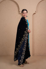 NAVY BLUE GOLD EMBROIDERED VELVET DUPATTA