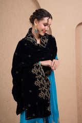 NAVY BLUE GOLD EMBROIDERED VELVET DUPATTA