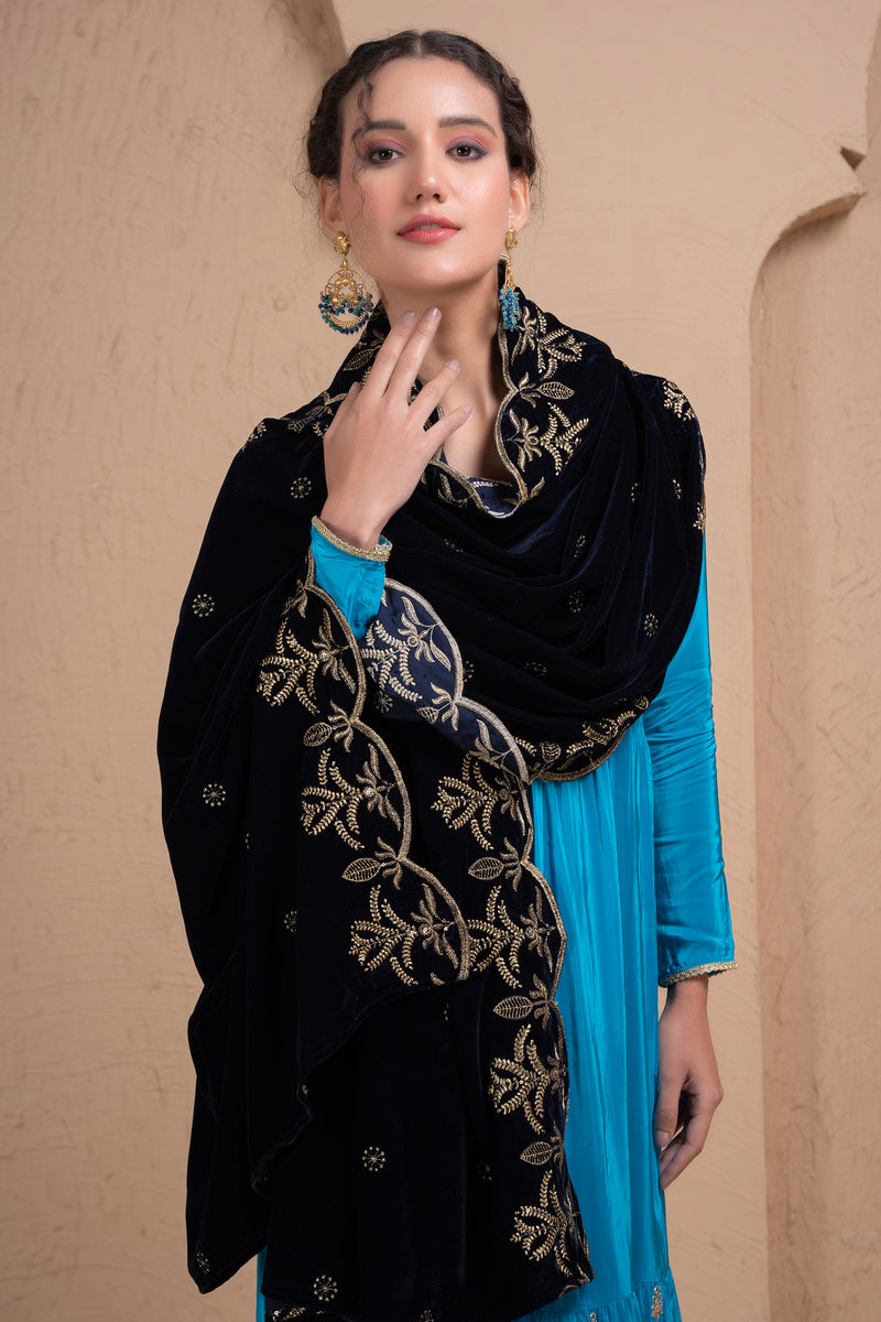 NAVY BLUE GOLD EMBROIDERED VELVET DUPATTA