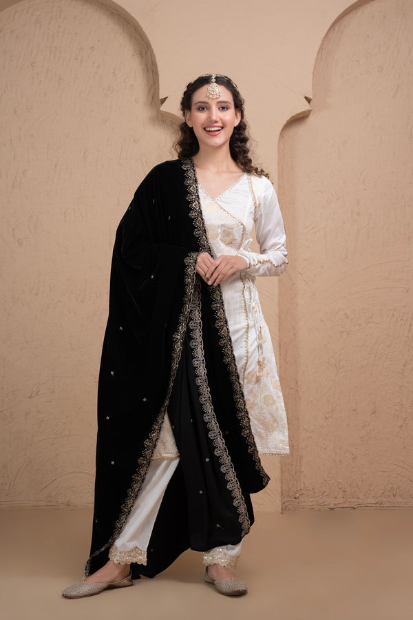 JET BLACK GOLD EMBROIDERED VELVET DUPATTA