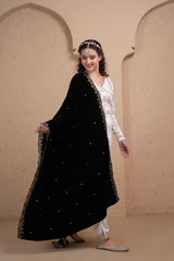 JET BLACK GOLD EMBROIDERED VELVET DUPATTA