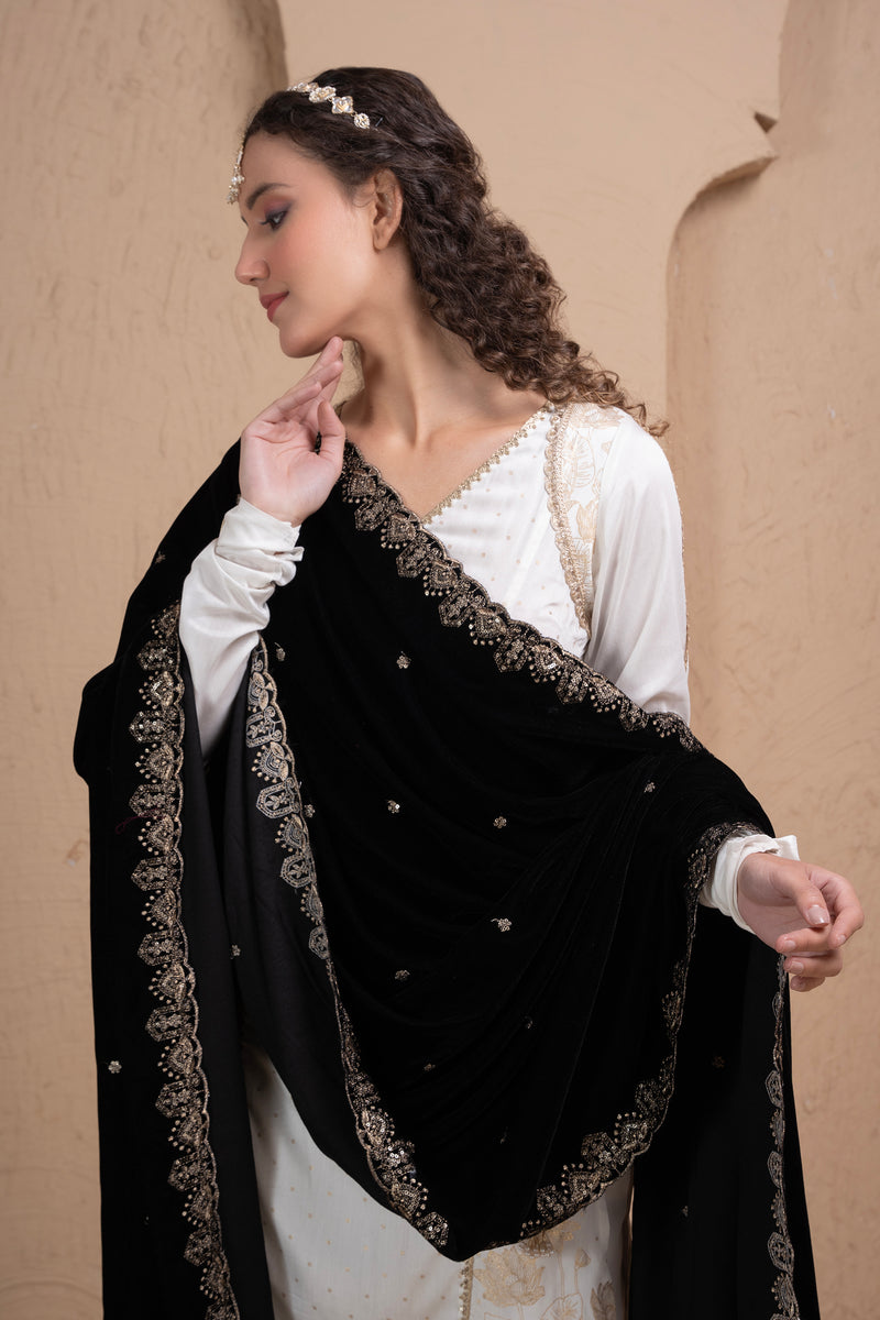 JET BLACK GOLD EMBROIDERED VELVET DUPATTA