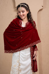 CRIMSON MAROON EMBROIDERED VELVET DUPATTA