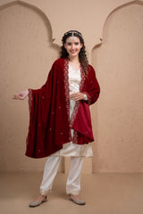 CRIMSON MAROON EMBROIDERED VELVET DUPATTA