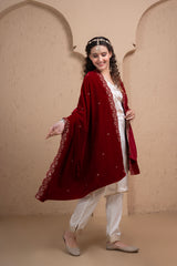 CRIMSON MAROON EMBROIDERED VELVET DUPATTA