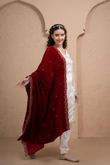 CRIMSON MAROON EMBROIDERED VELVET DUPATTA