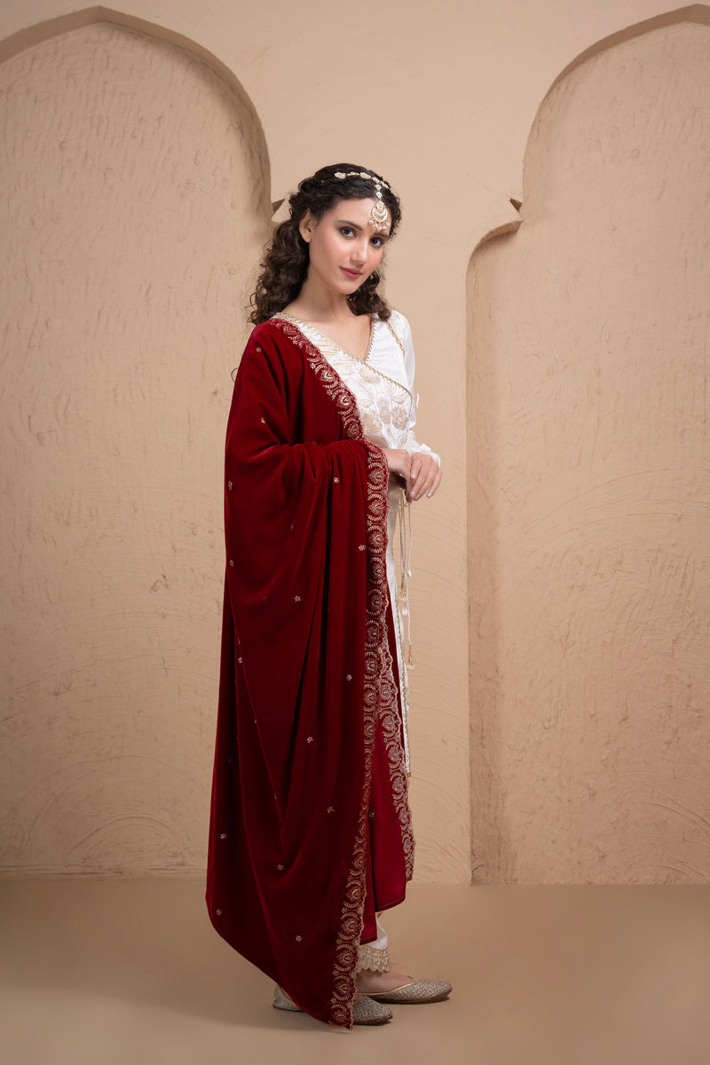 CRIMSON MAROON EMBROIDERED VELVET DUPATTA