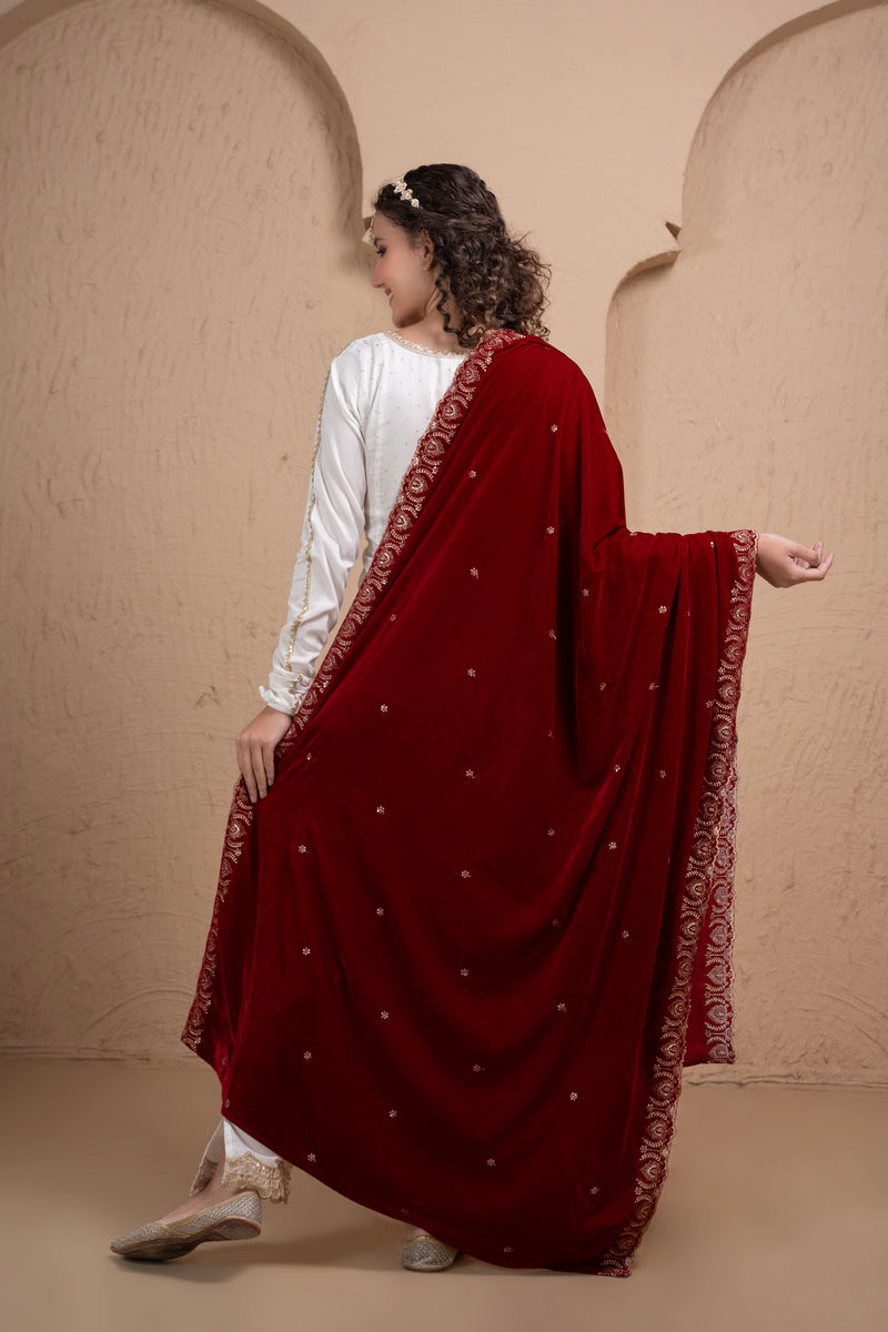 CRIMSON MAROON EMBROIDERED VELVET DUPATTA