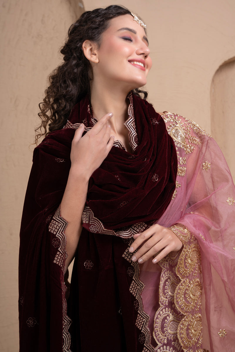 RAISIN GOLD EMBROIDERED VELVET DUPATTA