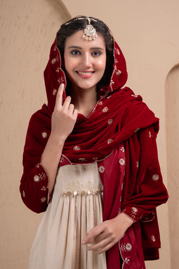 SOFT MAROON EMBROIDERED VELVET DUPATTA