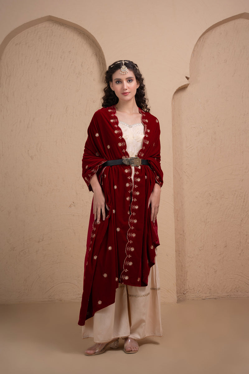 SOFT MAROON EMBROIDERED VELVET DUPATTA