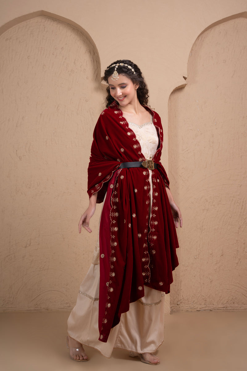 SOFT MAROON EMBROIDERED VELVET DUPATTA