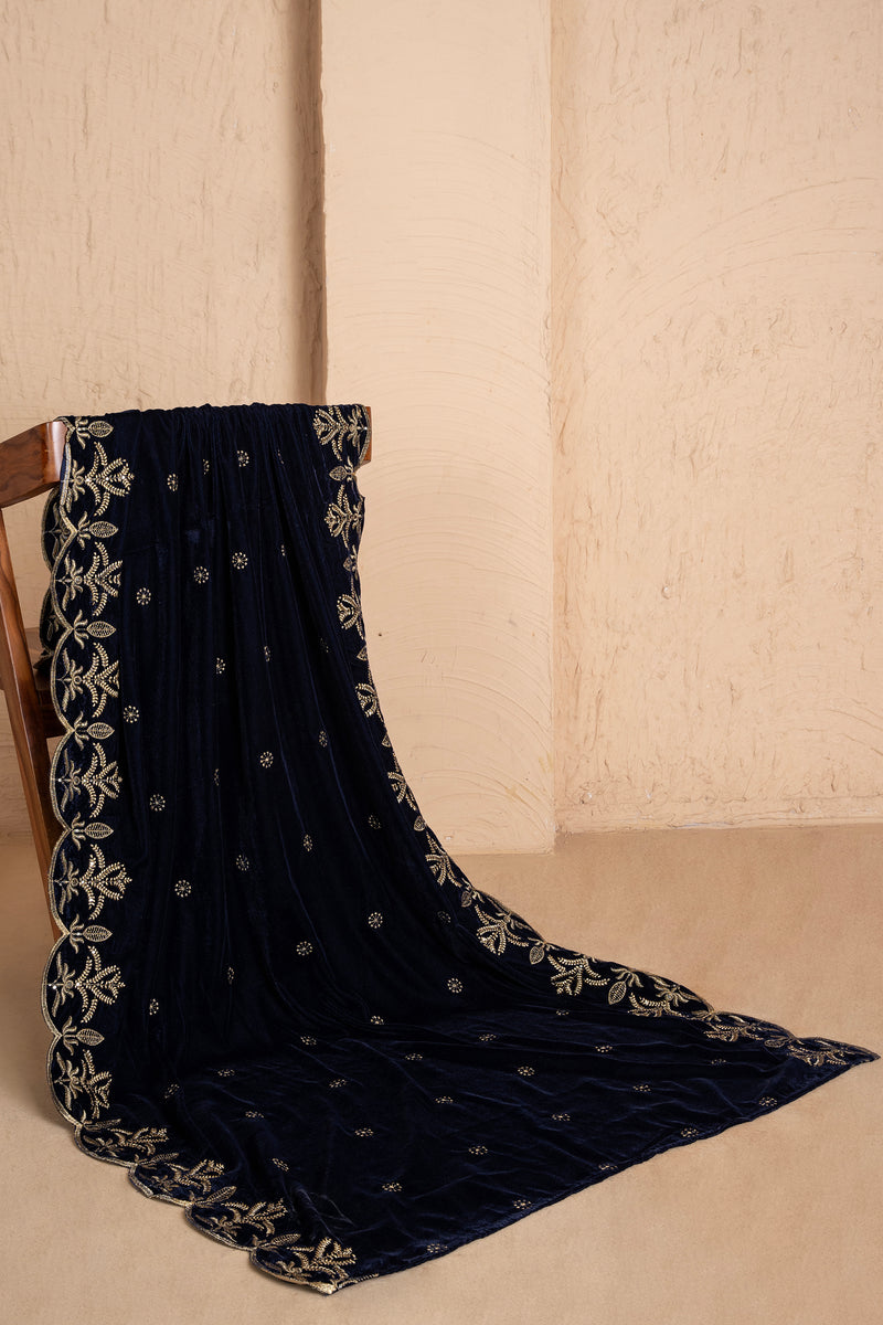 NAVY BLUE GOLD EMBROIDERED VELVET DUPATTA