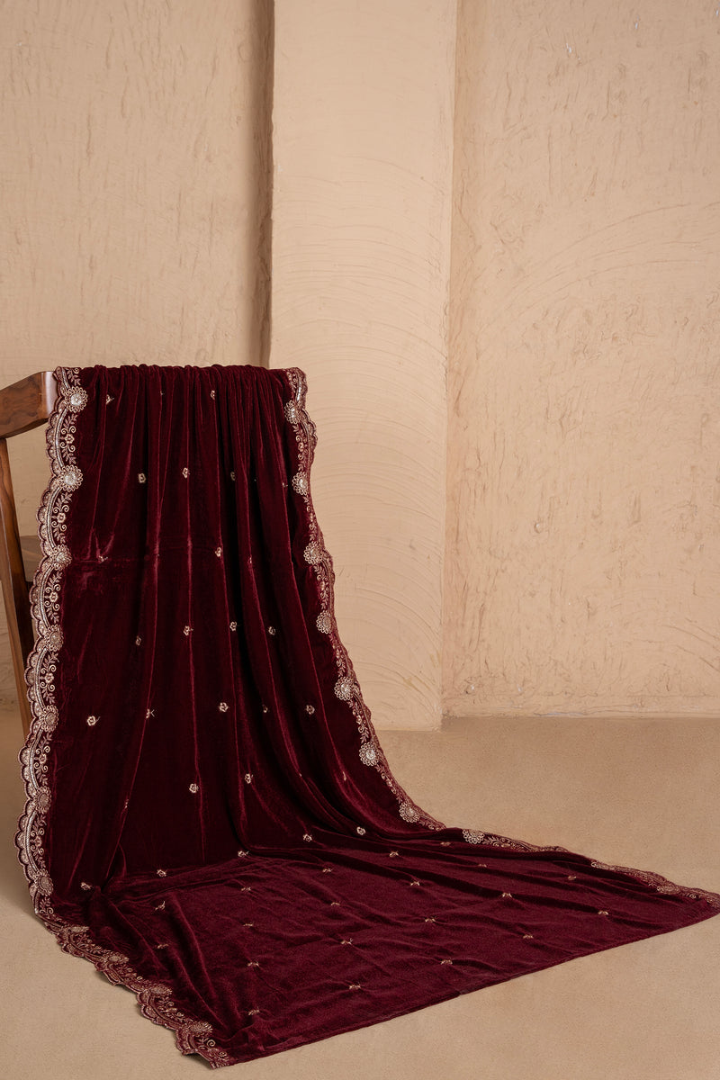 WINE GOLD EMBROIDERED VELVET DUPATTA