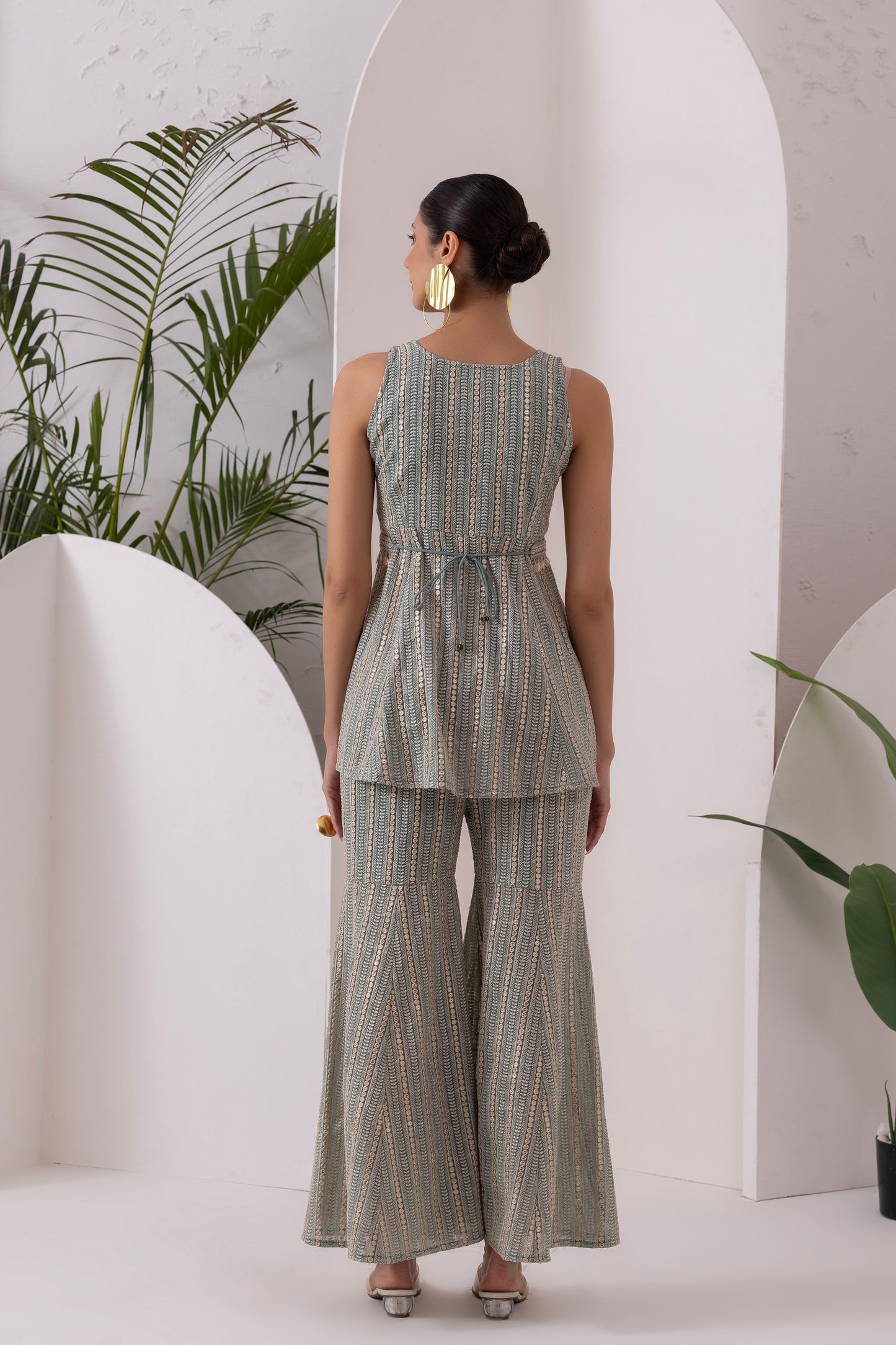 PASTEL GREEN SEQUENCE EMBROIDERED FUSION SET WITH BELT