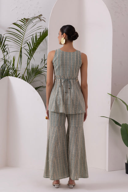 PASTEL GREEN SEQUENCE EMBROIDERED FUSION SET WITH BELT