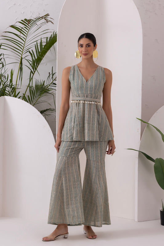 PASTEL GREEN SEQUENCE EMBROIDERED FUSION SET WITH BELT