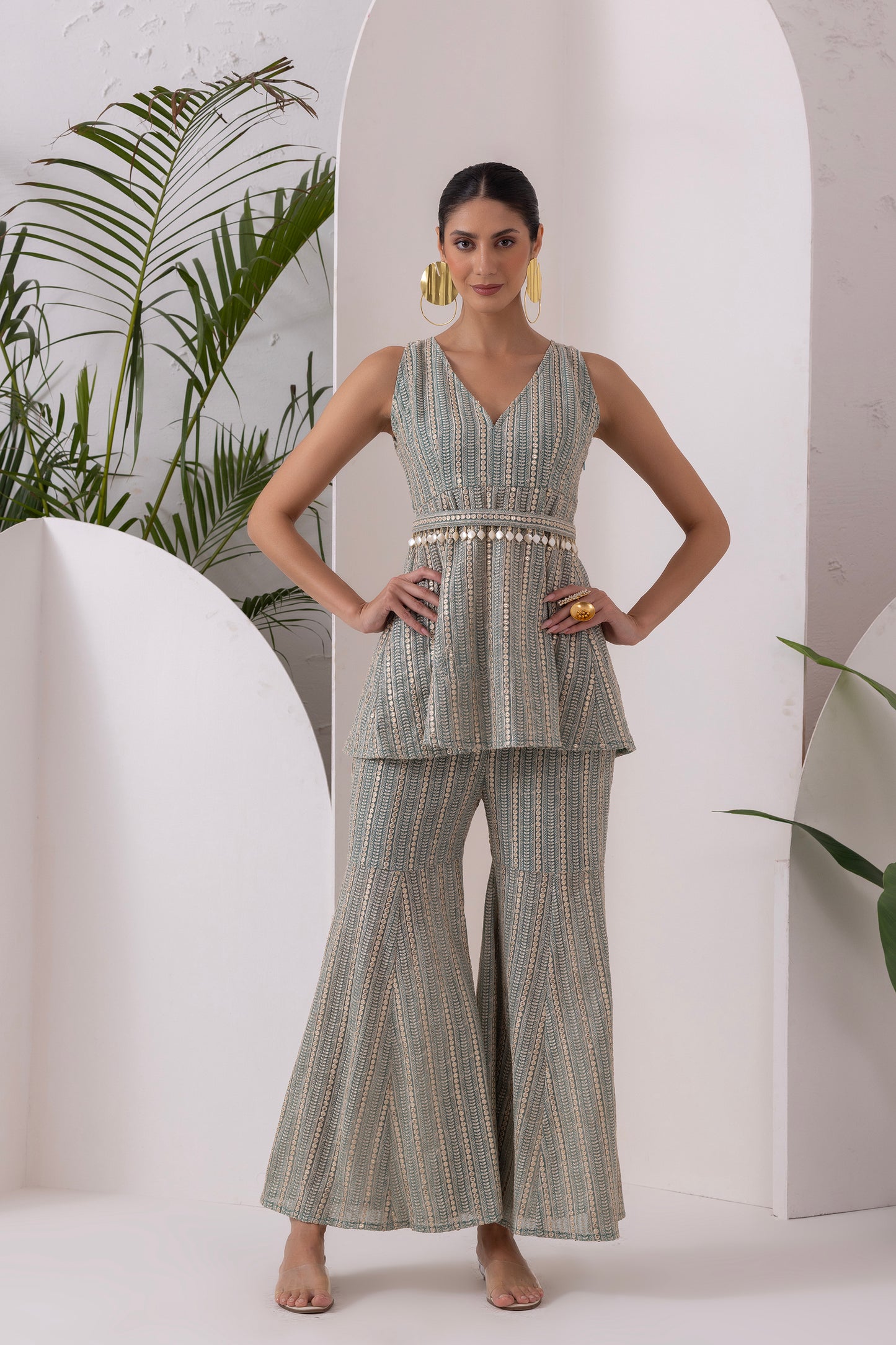 PASTEL GREEN SEQUENCE EMBROIDERED FUSION SET WITH BELT