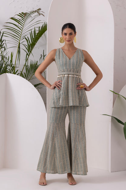 PASTEL GREEN SEQUENCE EMBROIDERED FUSION SET WITH BELT