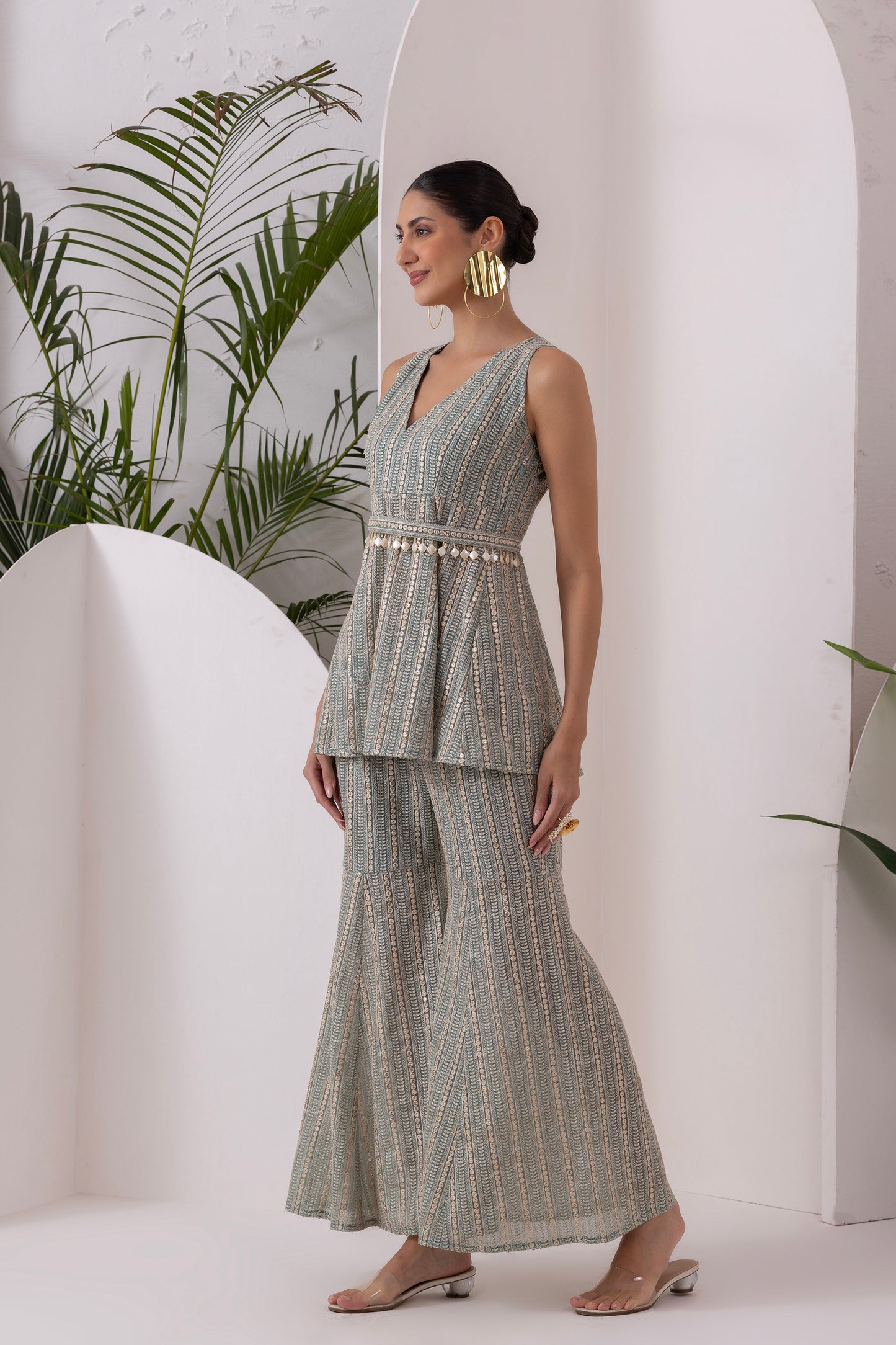 PASTEL GREEN SEQUENCE EMBROIDERED FUSION SET WITH BELT