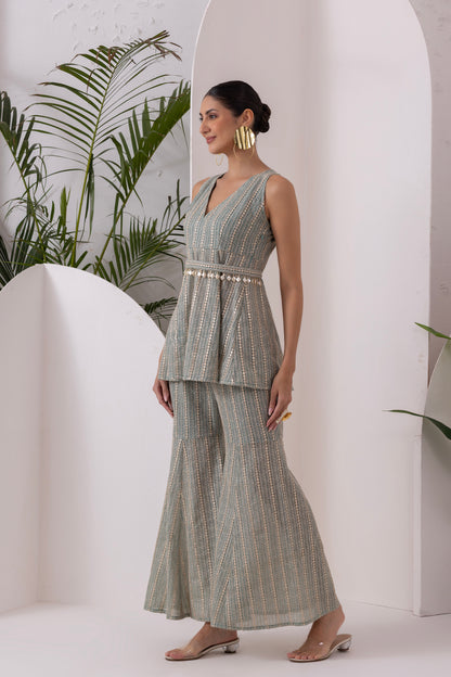 PASTEL GREEN SEQUENCE EMBROIDERED FUSION SET WITH BELT