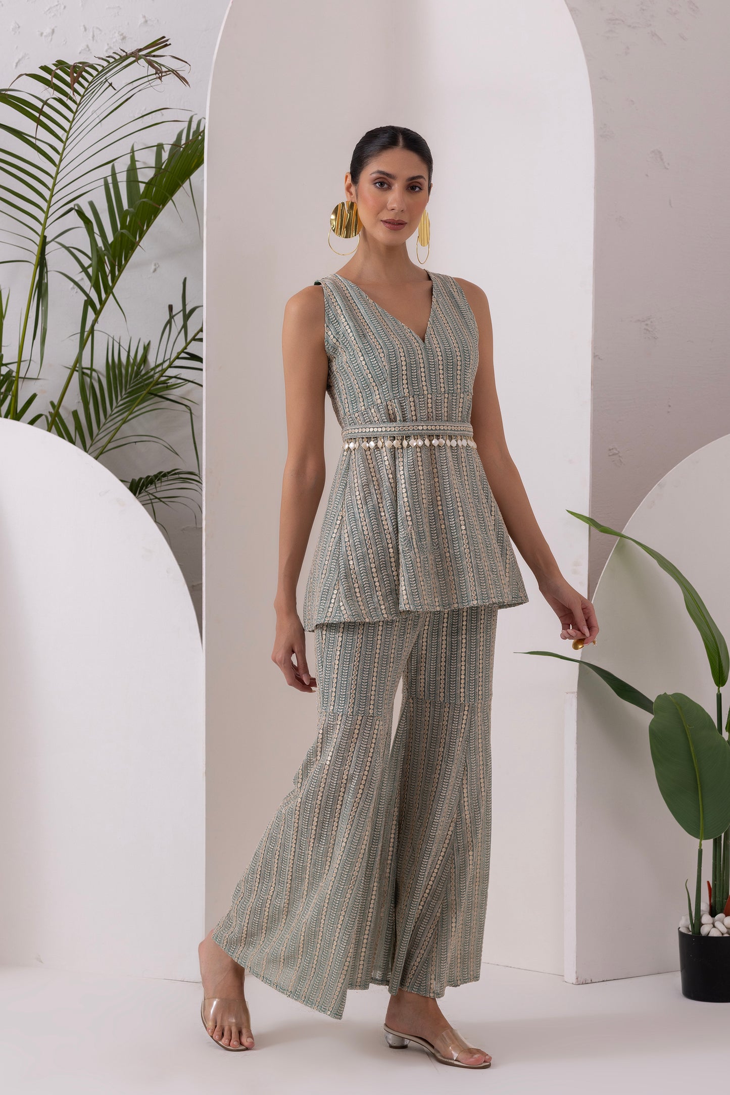 PASTEL GREEN SEQUENCE EMBROIDERED FUSION SET WITH BELT