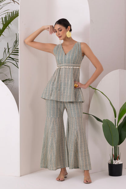 PASTEL GREEN SEQUENCE EMBROIDERED FUSION SET WITH BELT