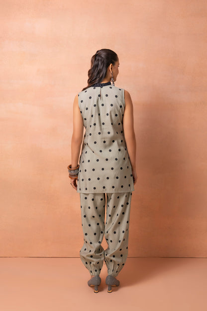 Sage and Black Polka Dot and Crochet Co-ord Set