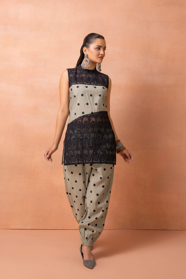 Sage and Black Polka Dot and Crochet Co-ord Set