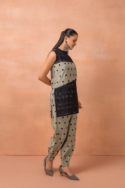Sage and Black Polka Dot and Crochet Co-ord Set