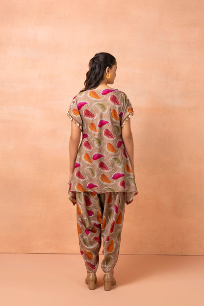 Soft Brown Abstract Printed Afghani Drape Pant Set