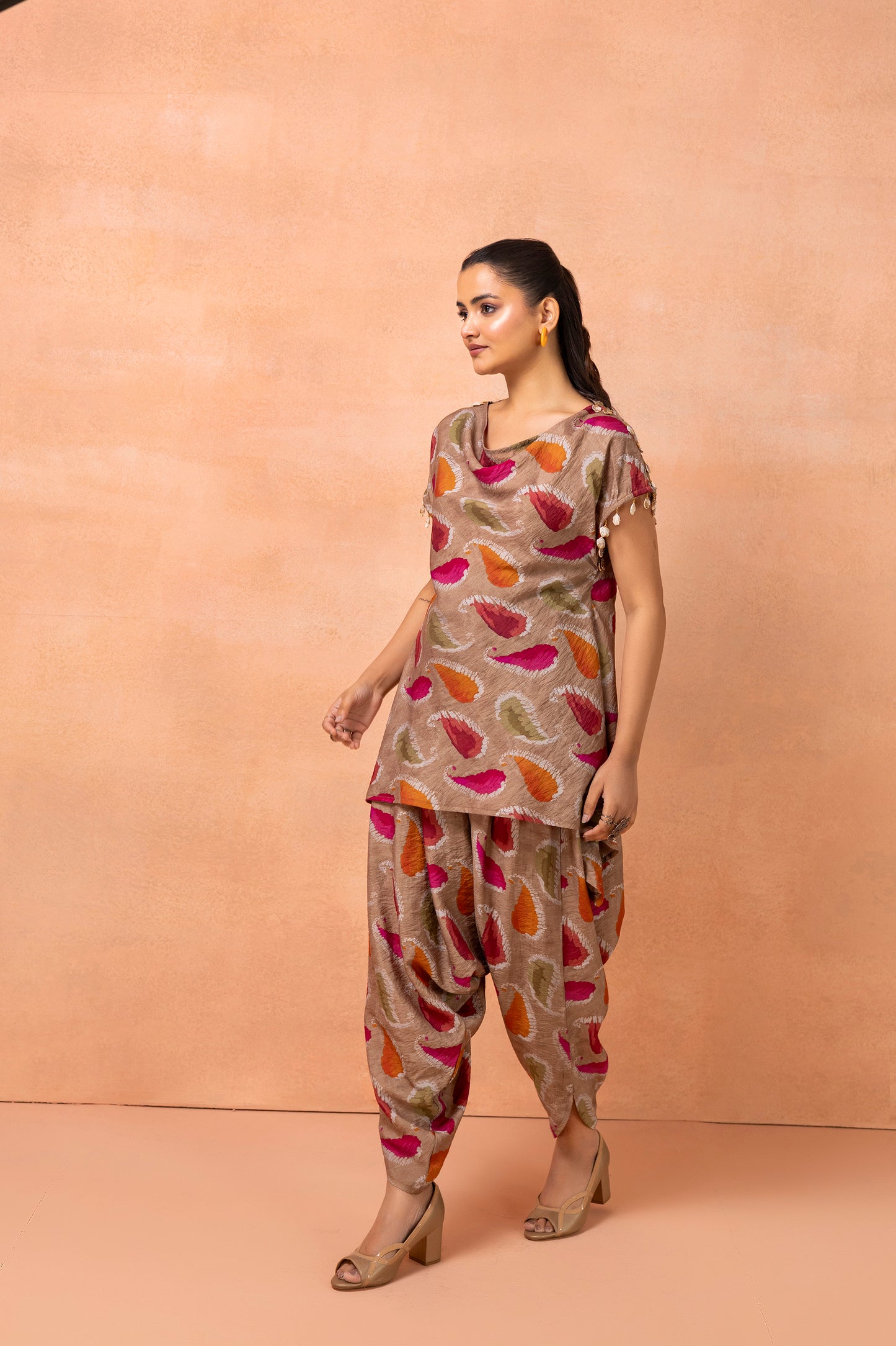 Soft Brown Abstract Printed Afghani Drape Pant Set