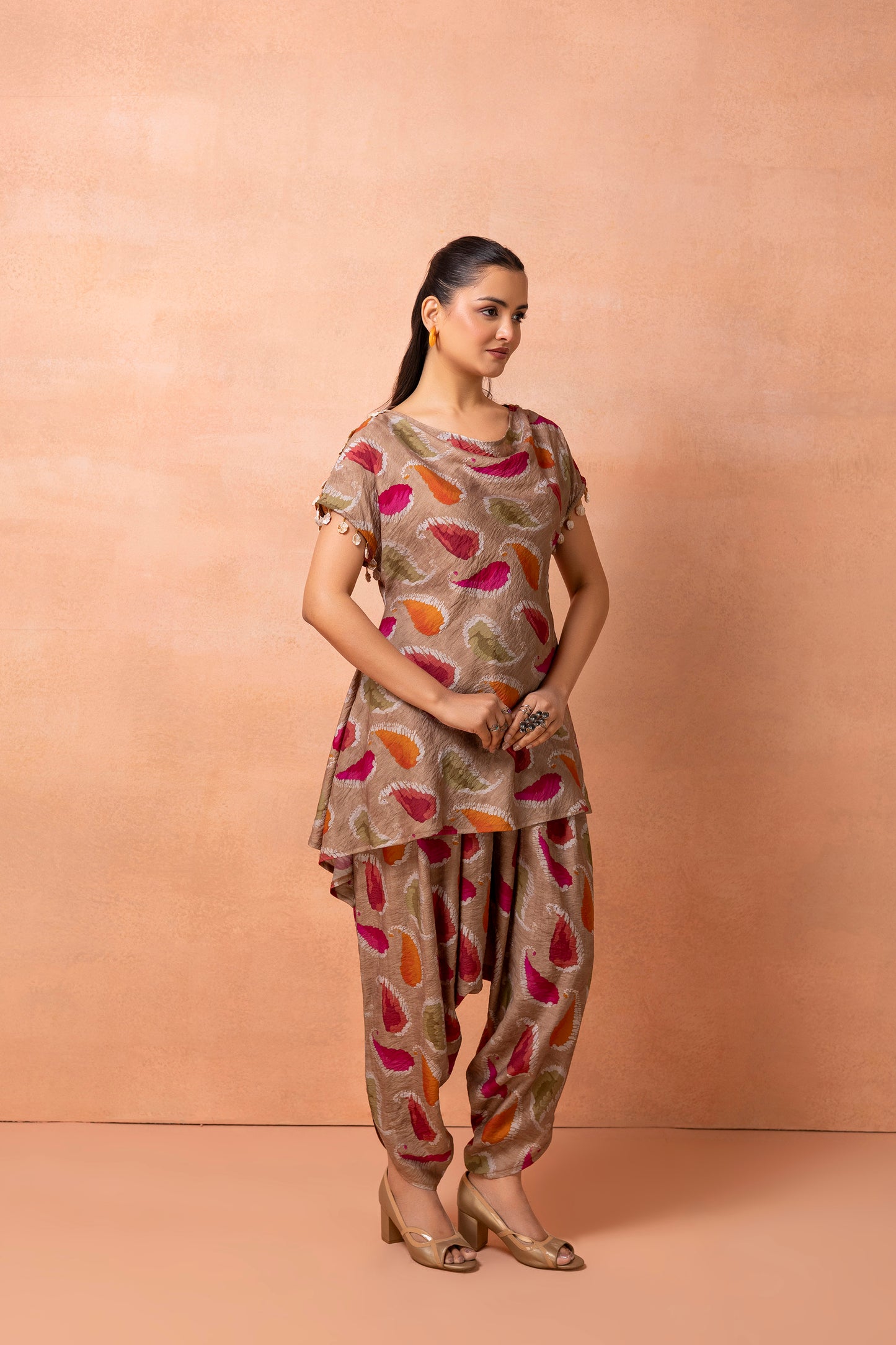 Soft Brown Abstract Printed Afghani Drape Pant Set
