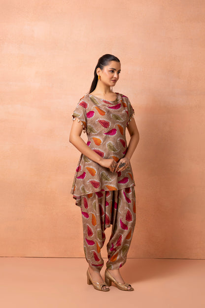Soft Brown Abstract Printed Afghani Drape Pant Set